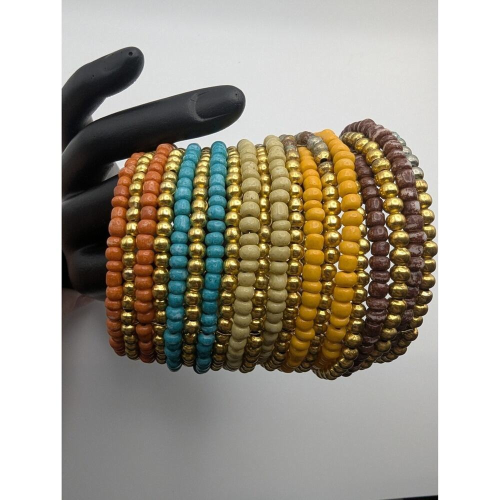 HANDMADE Memory Wire Beaded Cuff Bracelet Multicolor Brass Tone Boho Wrap Coil